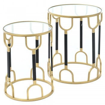 ΣΕΤ 2 ΧΡΥΣΟ ΜΑΥΡΟ ΣΤΡΟΓΓΥΛΟ ΜΕΤΑΛΛΙΚΟ ΤΡΑΠΕΖΙ ΜΕ ΓΥΑΛΙ 40x40x53 33x33x47EK